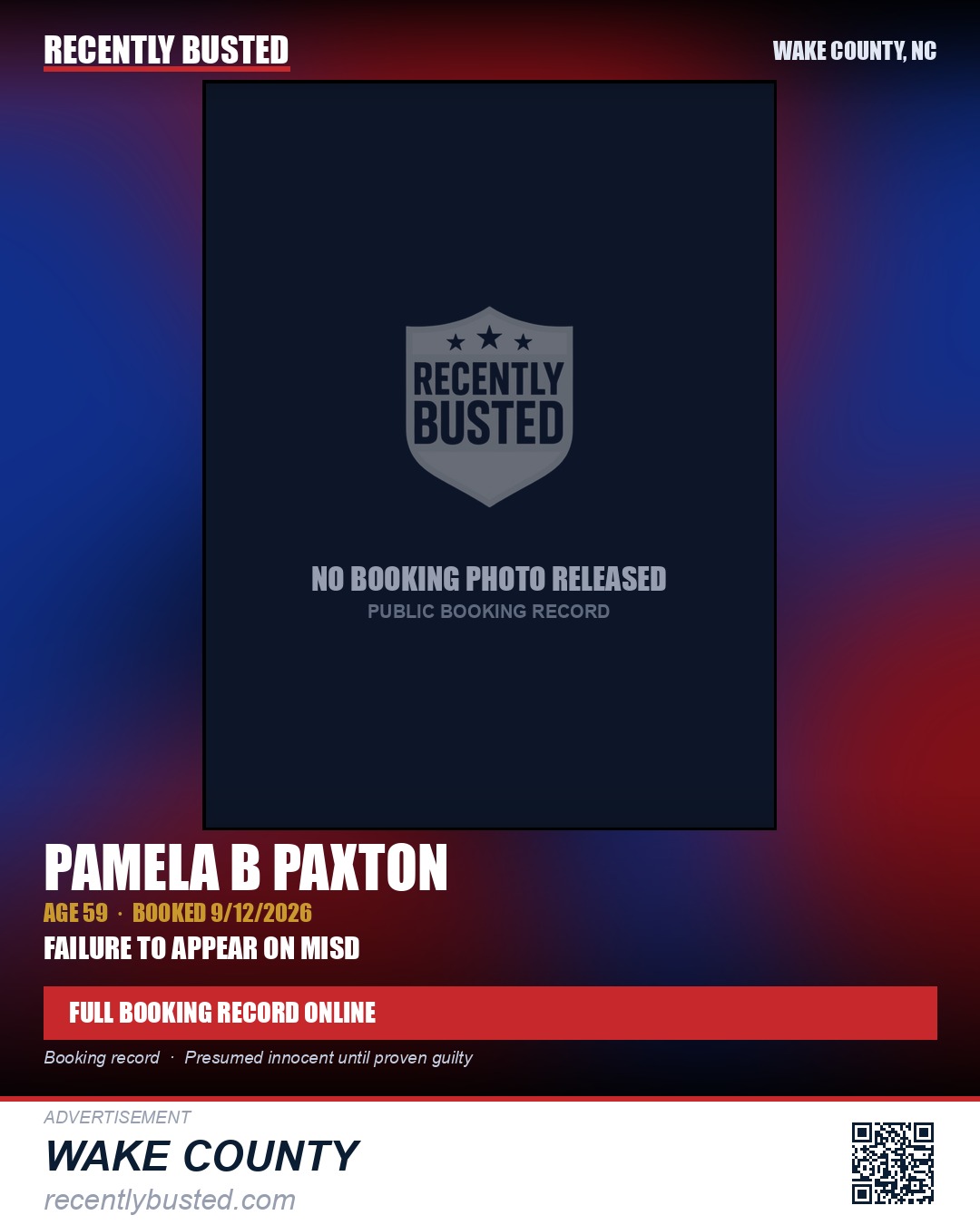 PAMELA B PAXTON — arrest record card, Wake County, North Carolina