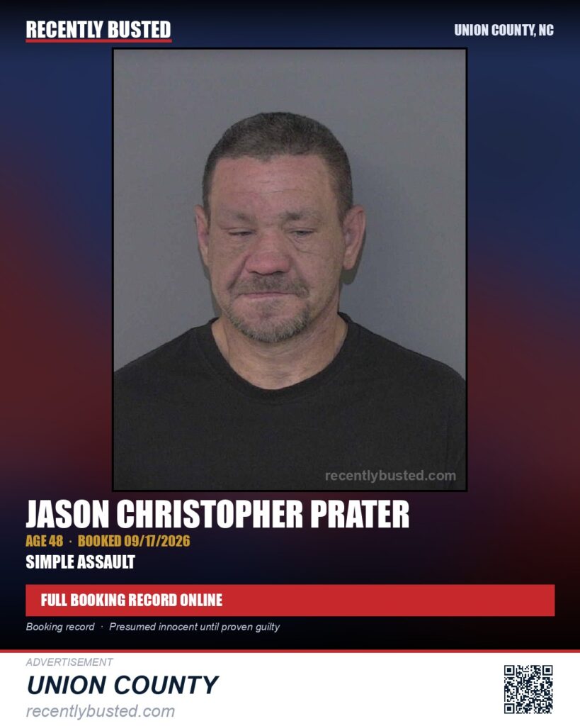 PRATER, JASON CHRISTOPHER — arrest record card, Union County, North Carolina