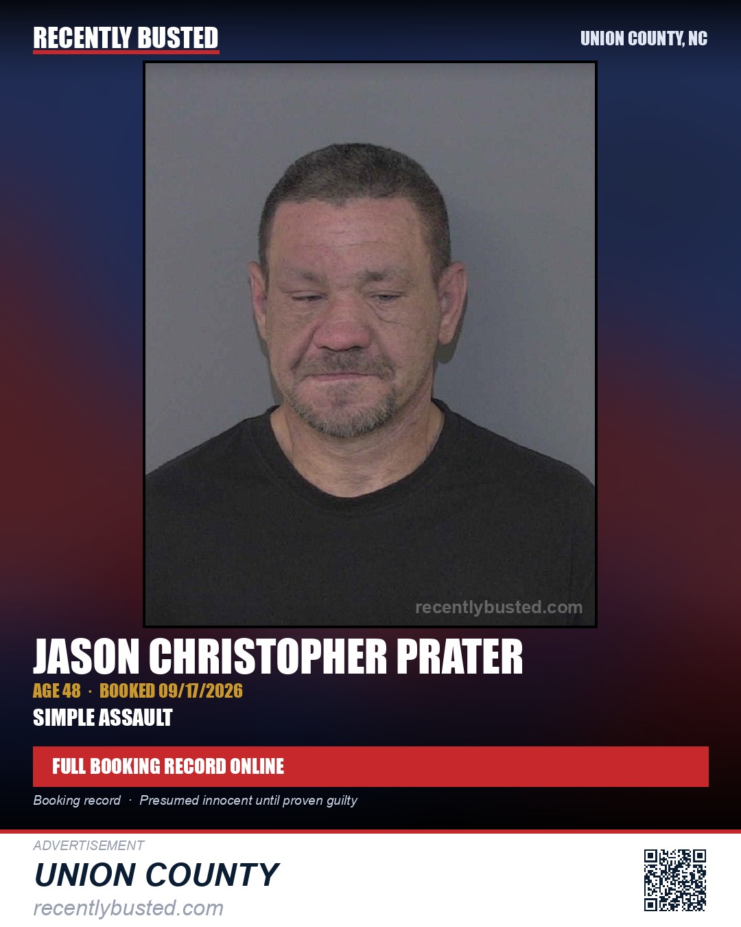 PRATER, JASON CHRISTOPHER — arrest record card, Union County, North Carolina