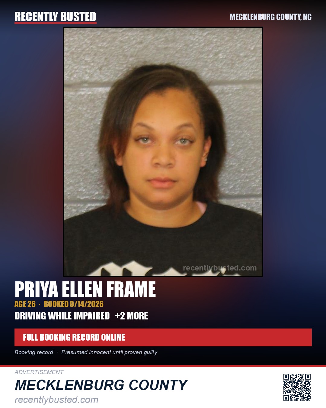 PRIYA ELLEN FRAME — arrest record card, Mecklenburg County, North Carolina