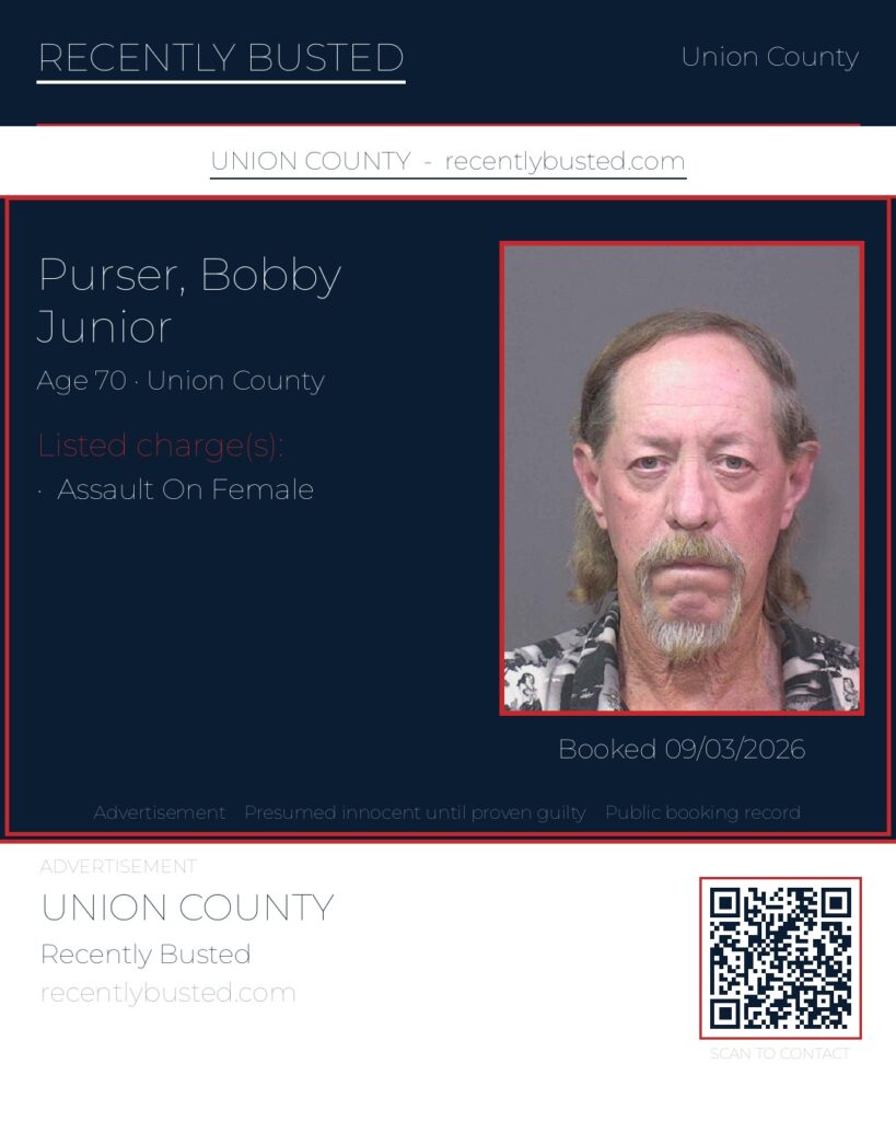PURSER, BOBBY JUNIOR — arrest record card, Union County, North Carolina