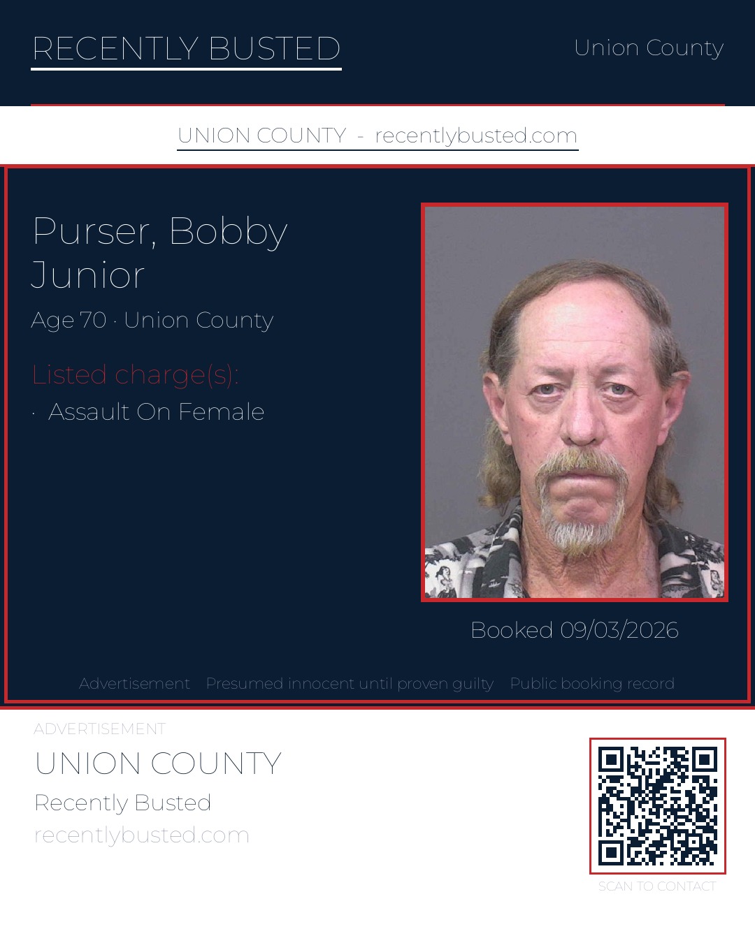 PURSER, BOBBY JUNIOR — arrest record card, Union County, North Carolina