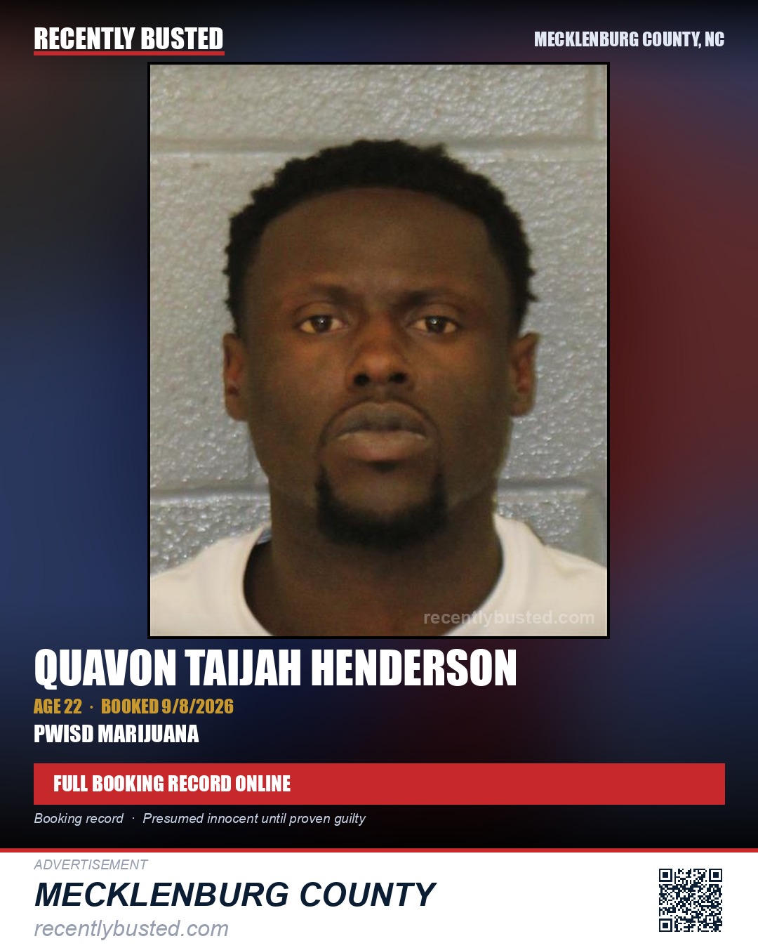QUAVON TAIJAH HENDERSON — arrest record card, Mecklenburg County, North Carolina
