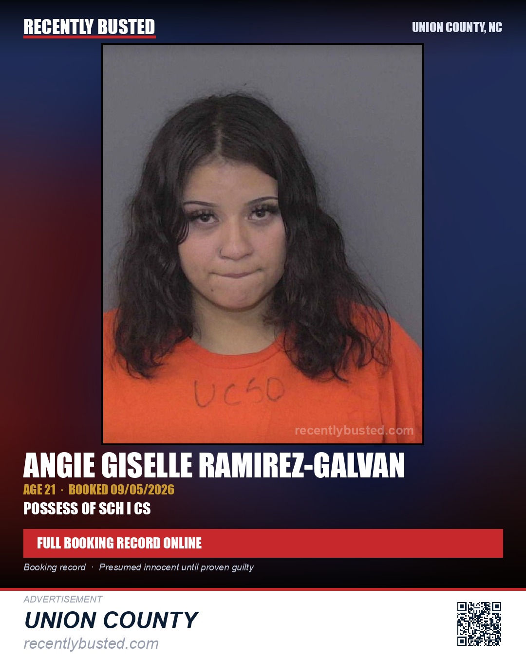 RAMIREZ-GALVAN, ANGIE GISELLE — arrest record card, Union County, North Carolina