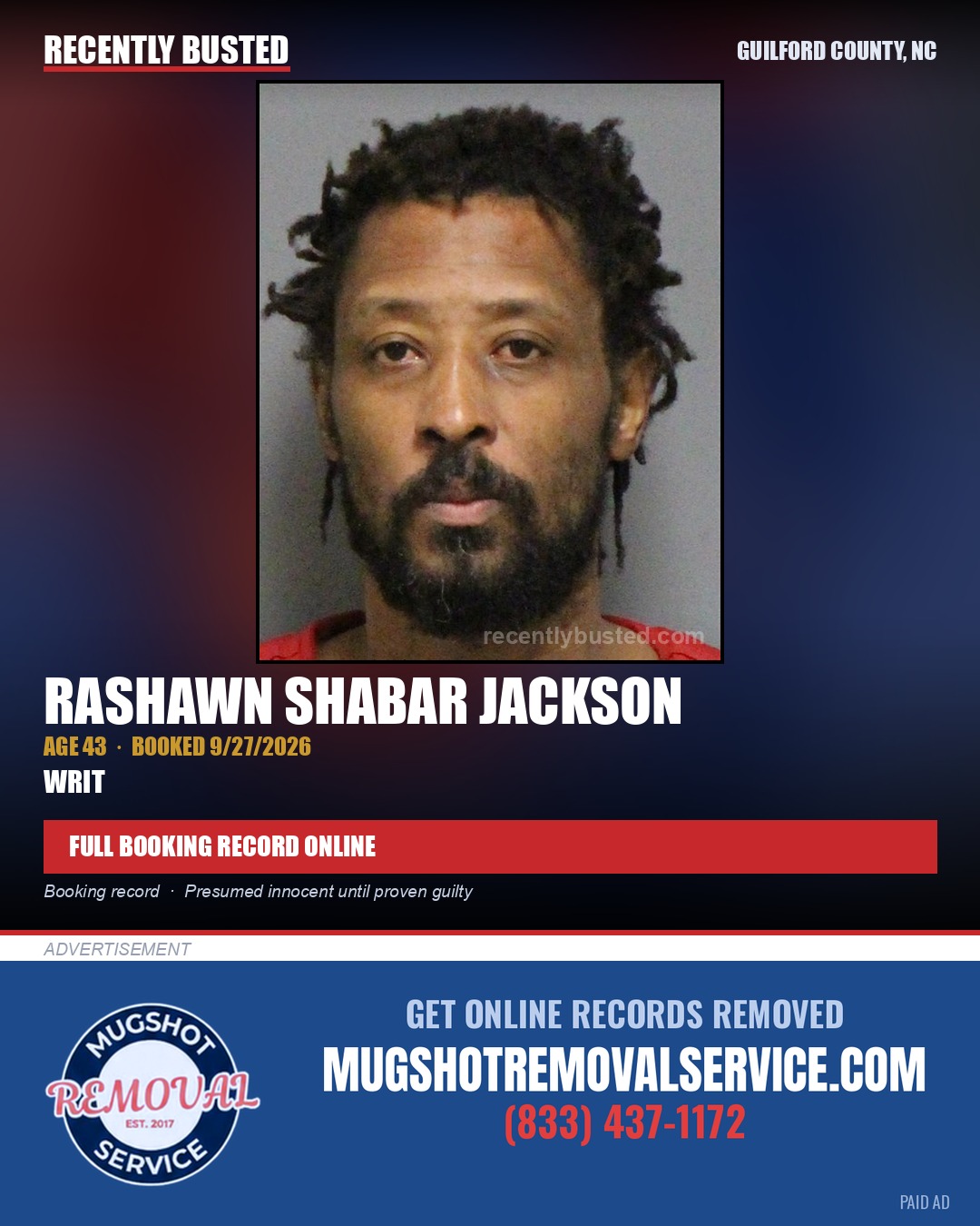 RASHAWN SHABAR JACKSON — arrest record card, Guilford County, North Carolina