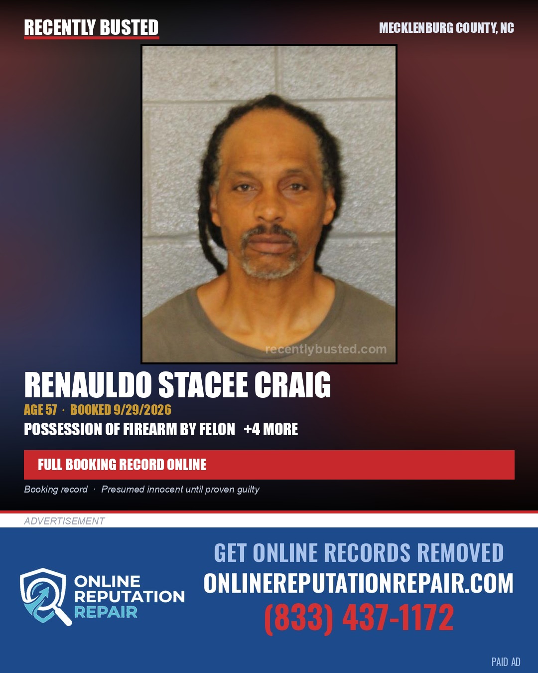 RENAULDO STACEE CRAIG — arrest record card, Mecklenburg County, North Carolina