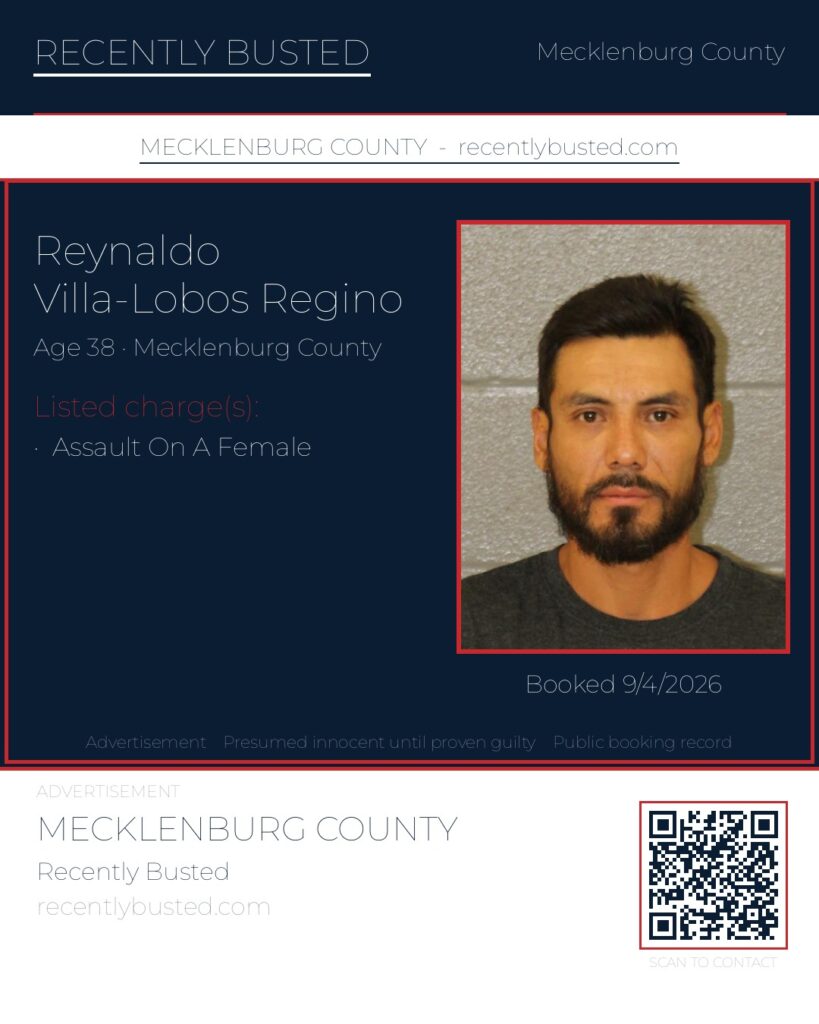 REYNALDO VILLA-LOBOS REGINO — arrest record card, Mecklenburg County, North Carolina
