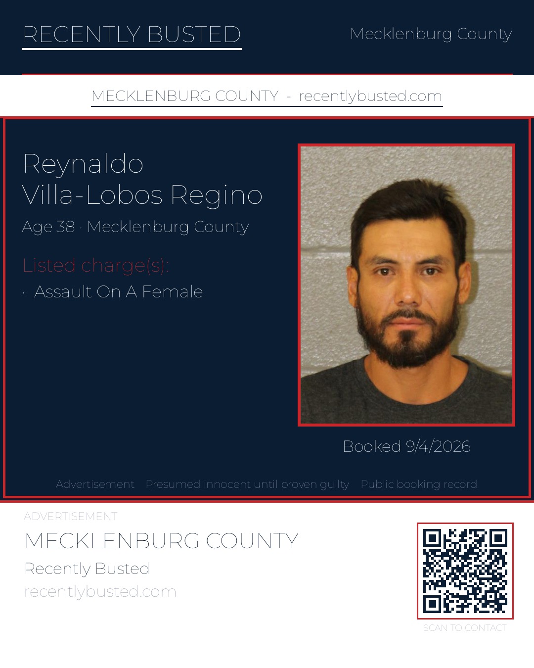 REYNALDO VILLA-LOBOS REGINO — arrest record card, Mecklenburg County, North Carolina