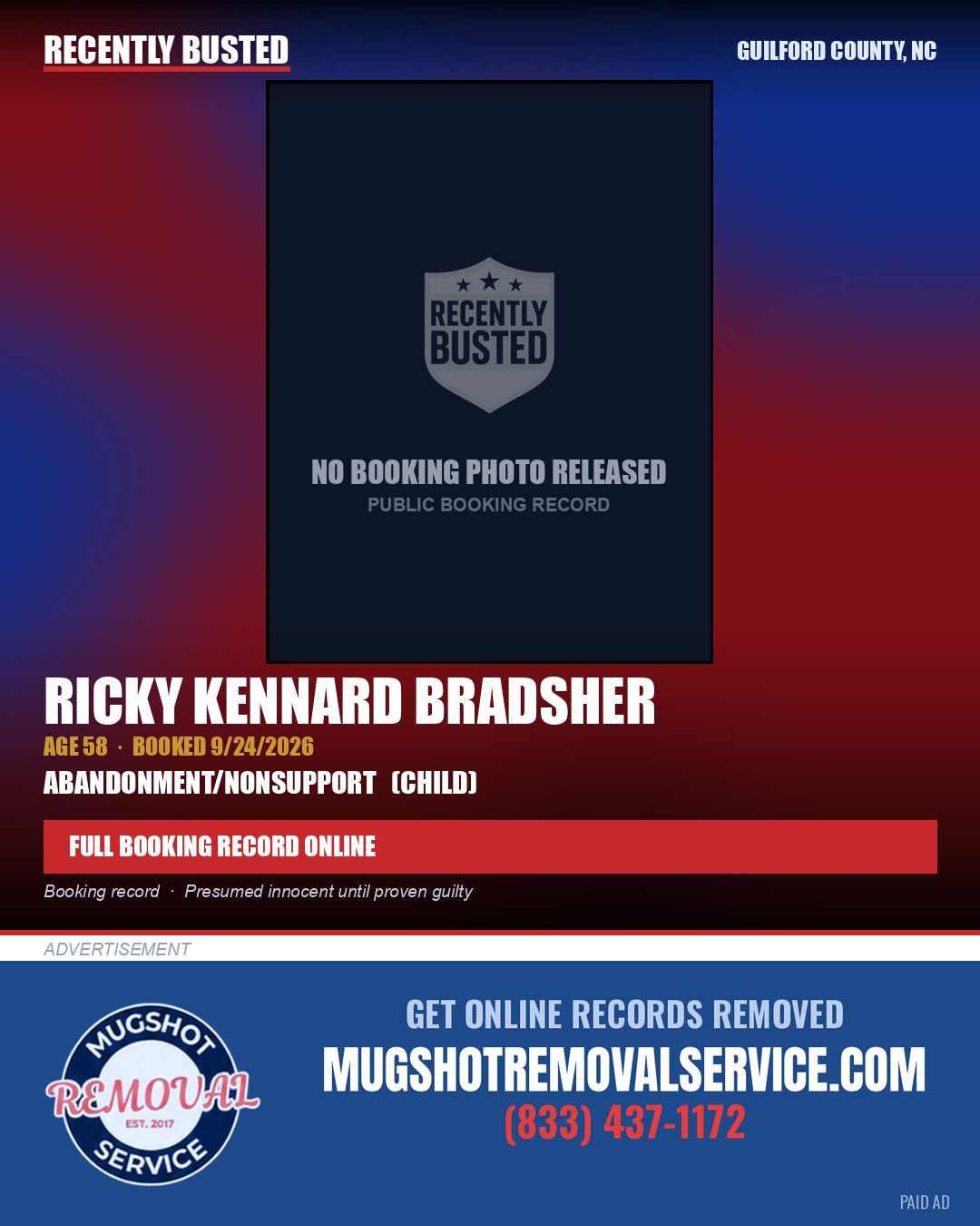 RICKY KENNARD BRADSHER — arrest record card, Guilford County, North Carolina