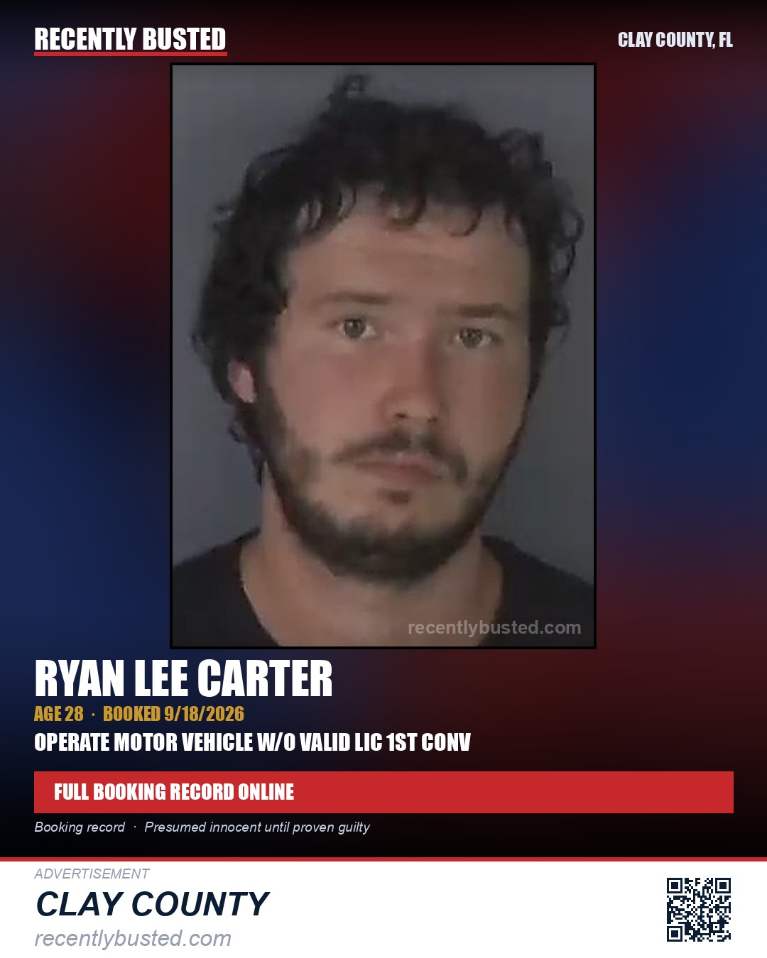 RYAN LEE CARTER — arrest record card, Clay County, Florida