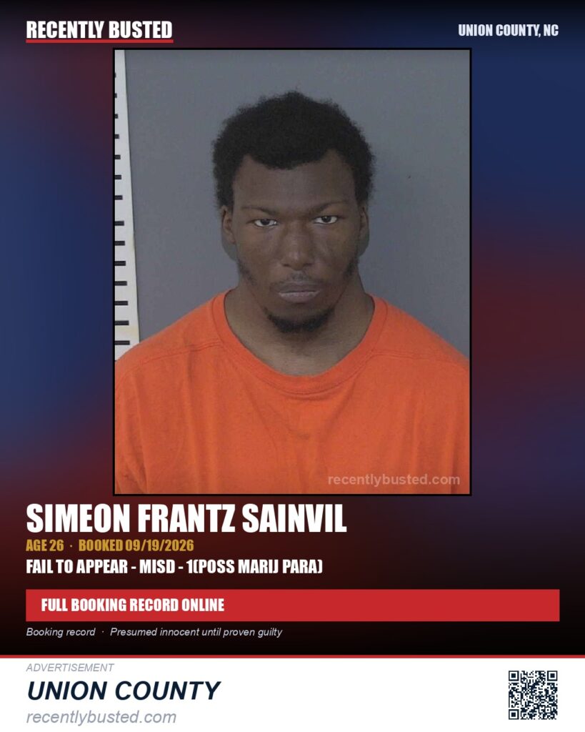 SAINVIL, SIMEON FRANTZ — arrest record card, Union County, North Carolina