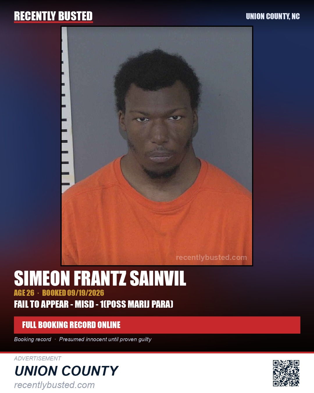 SAINVIL, SIMEON FRANTZ — arrest record card, Union County, North Carolina