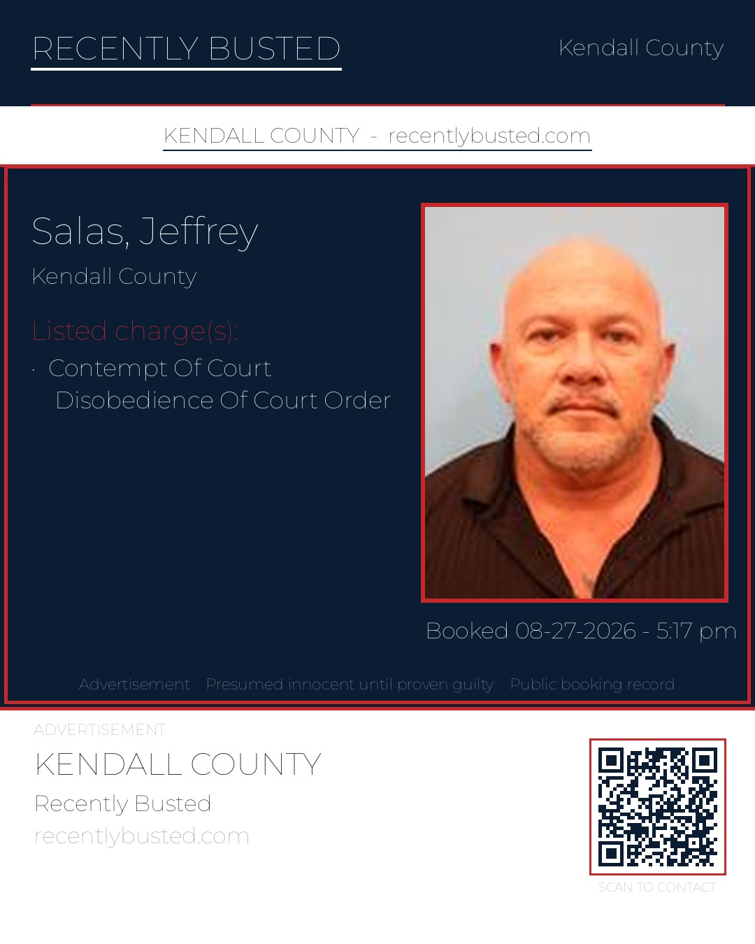 Salas, Jeffrey — arrest record card, Kendall County, Texas