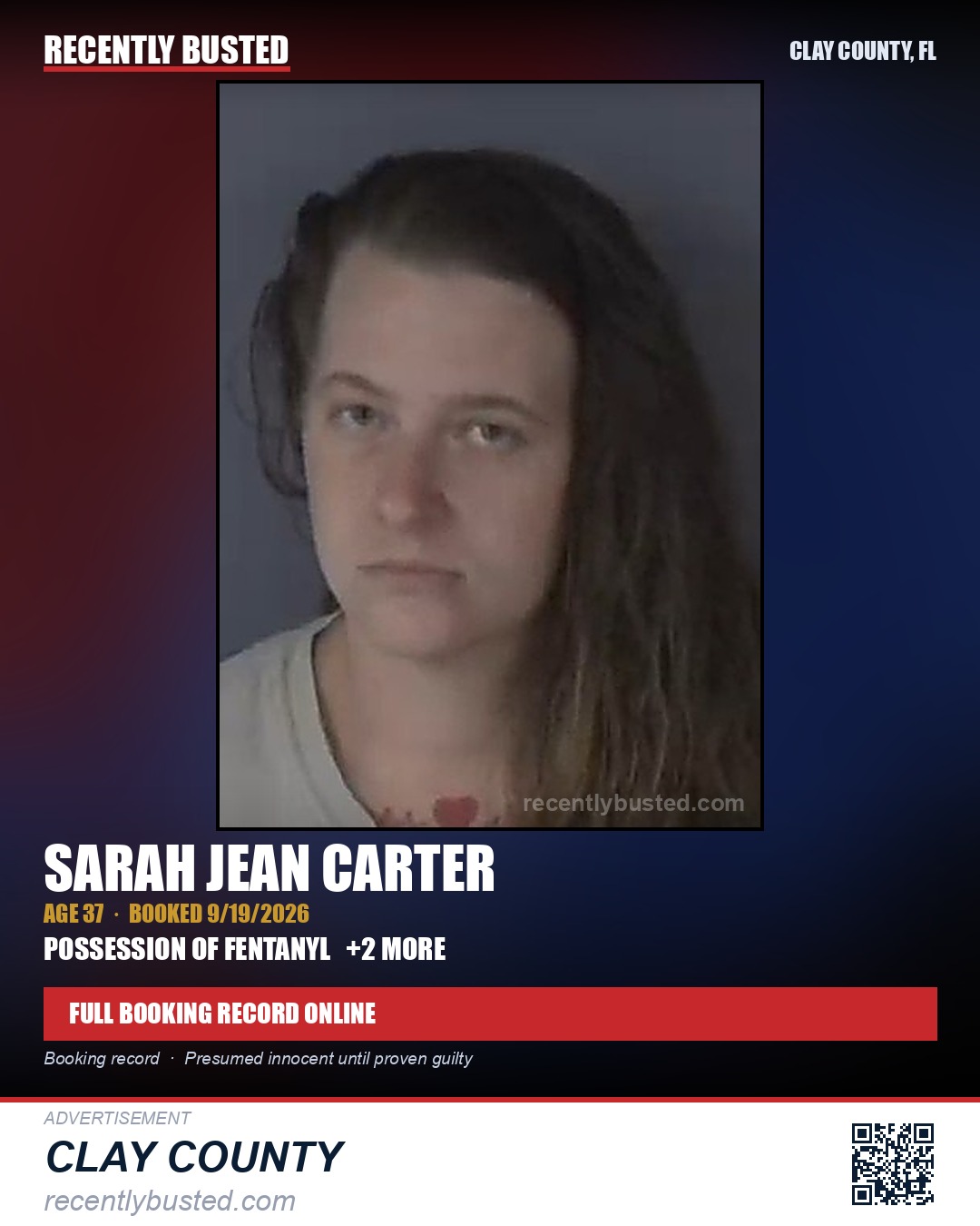 SARAH JEAN CARTER — arrest record card, Clay County, Florida