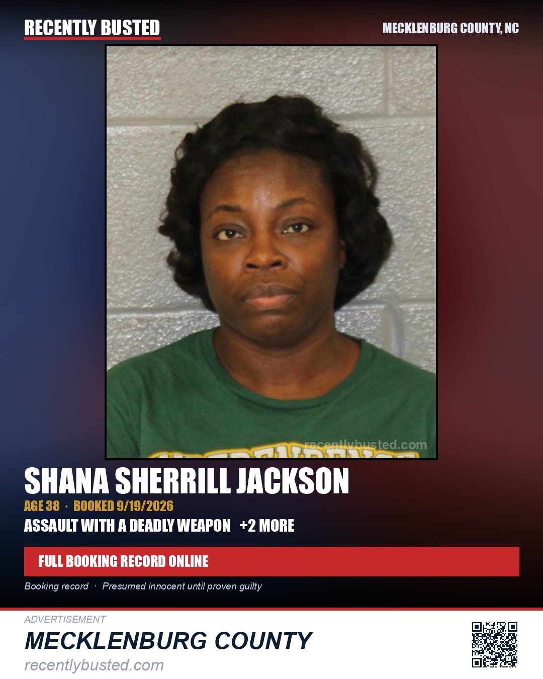 SHANA SHERRILL JACKSON — arrest record card, Mecklenburg County, North Carolina