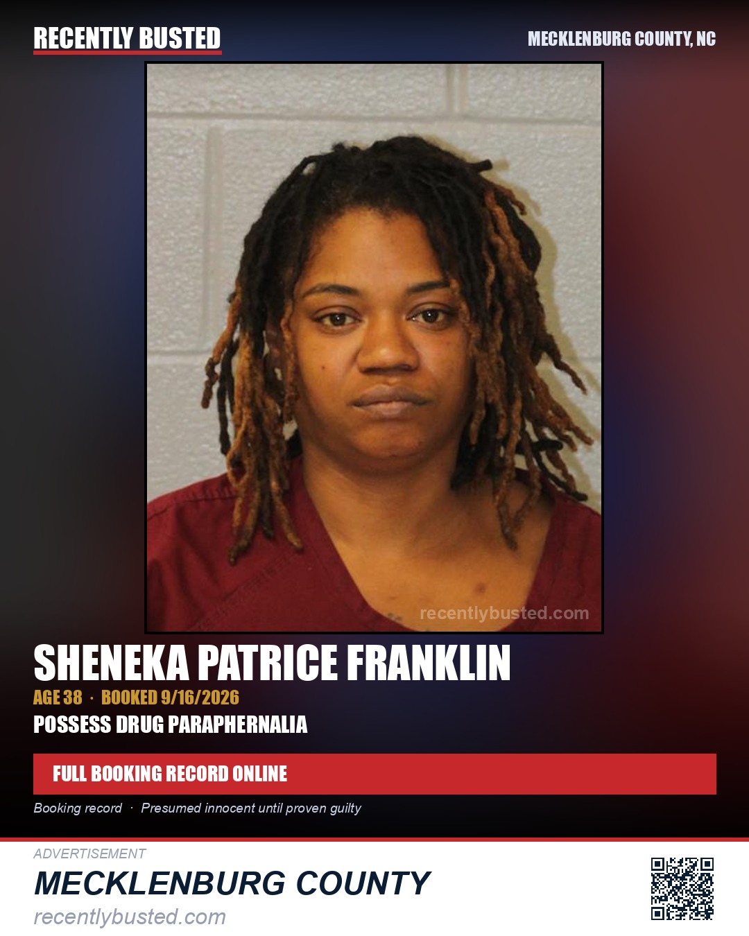SHENEKA PATRICE FRANKLIN — arrest record card, Mecklenburg County, North Carolina