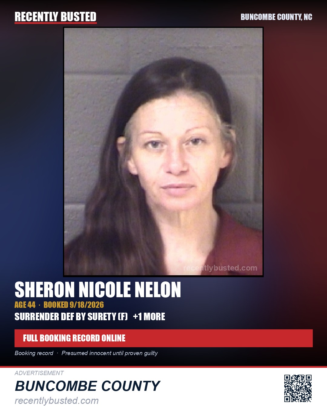 SHERON NICOLE NELON — arrest record card, Buncombe County, North Carolina