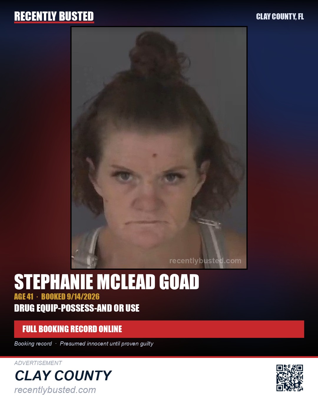STEPHANIE MCLEAD GOAD — arrest record card, Clay County, Florida