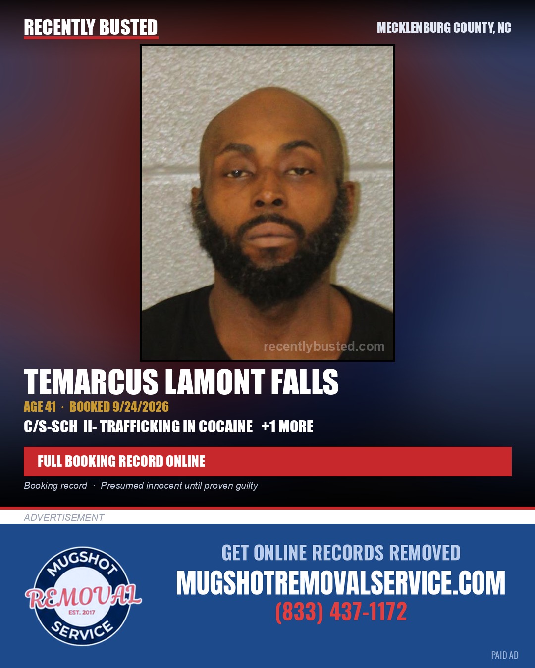 TEMARCUS LAMONT FALLS — arrest record card, Mecklenburg County, North Carolina