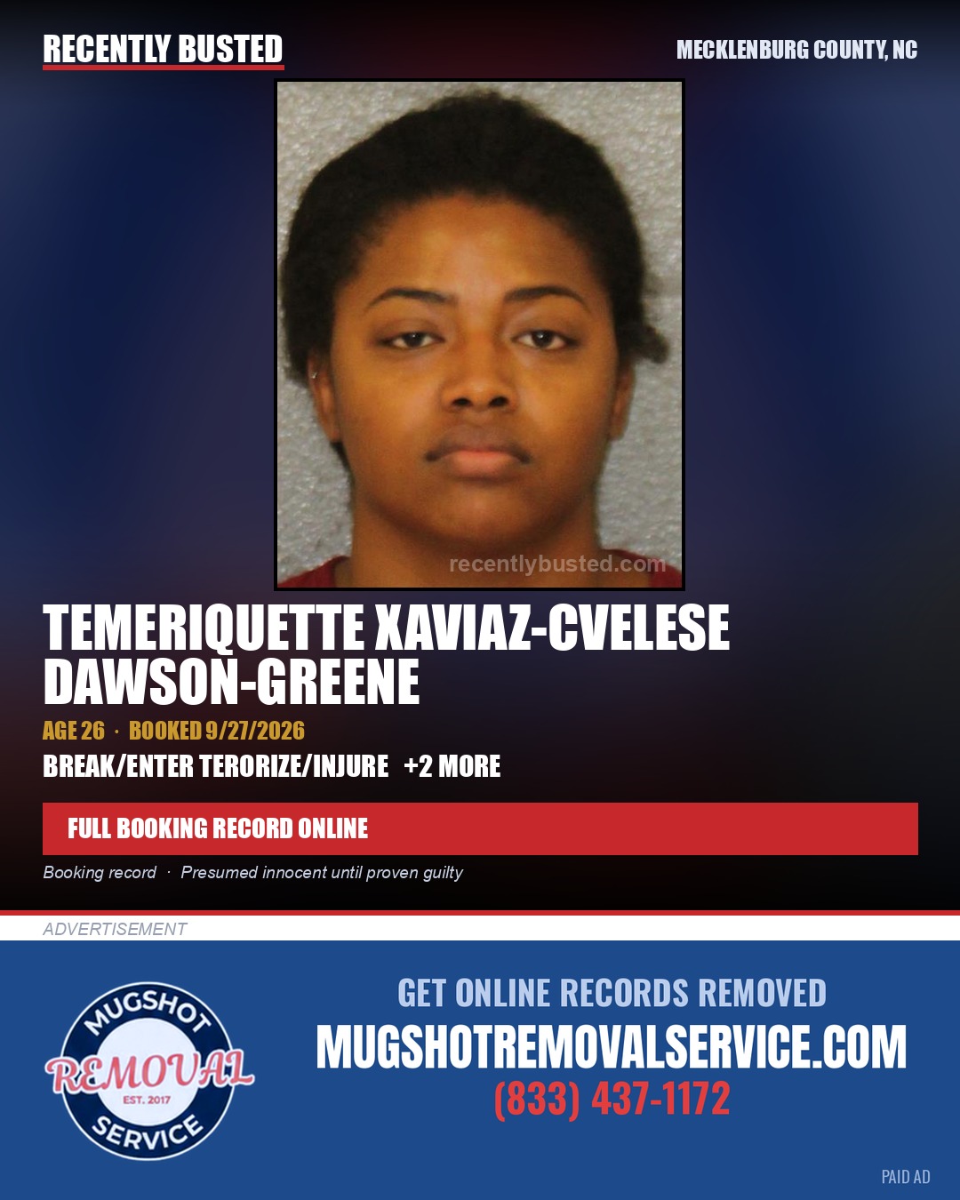 TEMERIQUETTE XAVIAZ-CVELESE DAWSON-GREENE — arrest record card, Mecklenburg County, North Carolina