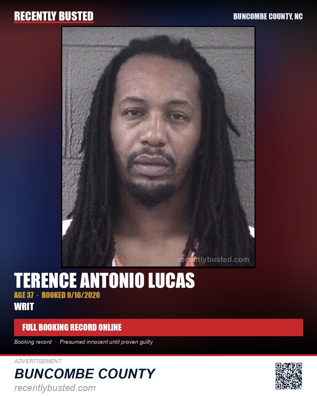 TERENCE ANTONIO LUCAS — arrest record card, Buncombe County, North Carolina
