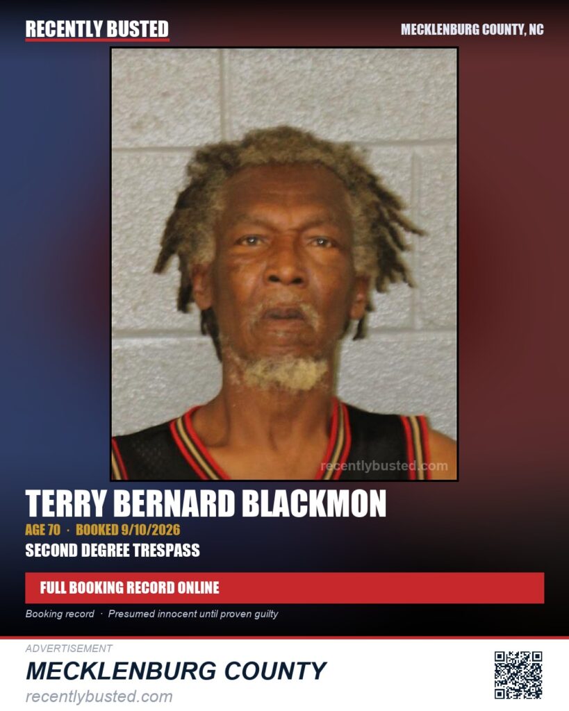 TERRY BERNARD BLACKMON — arrest record card, Mecklenburg County, North Carolina
