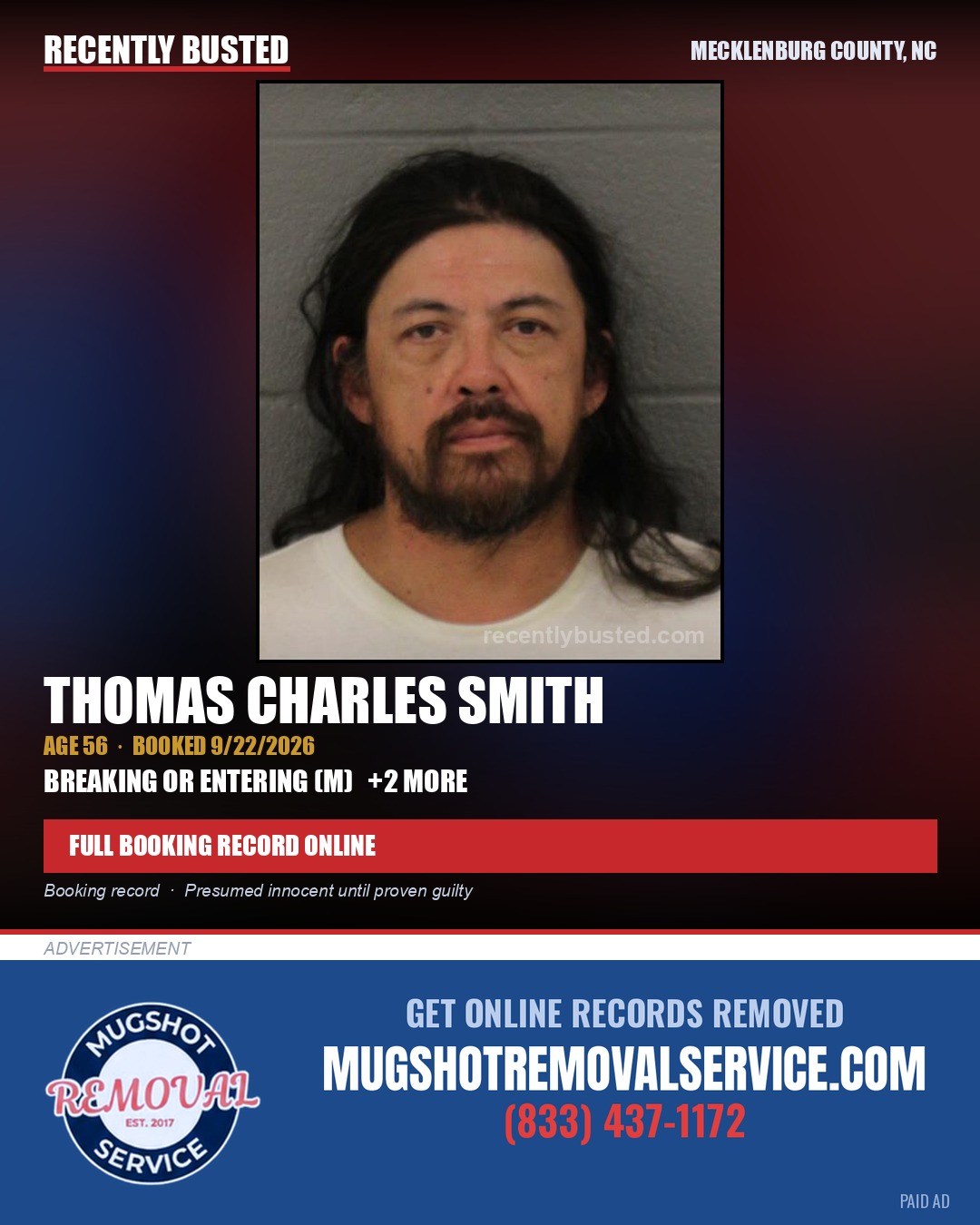 THOMAS CHARLES SMITH — arrest record card, Mecklenburg County, North Carolina