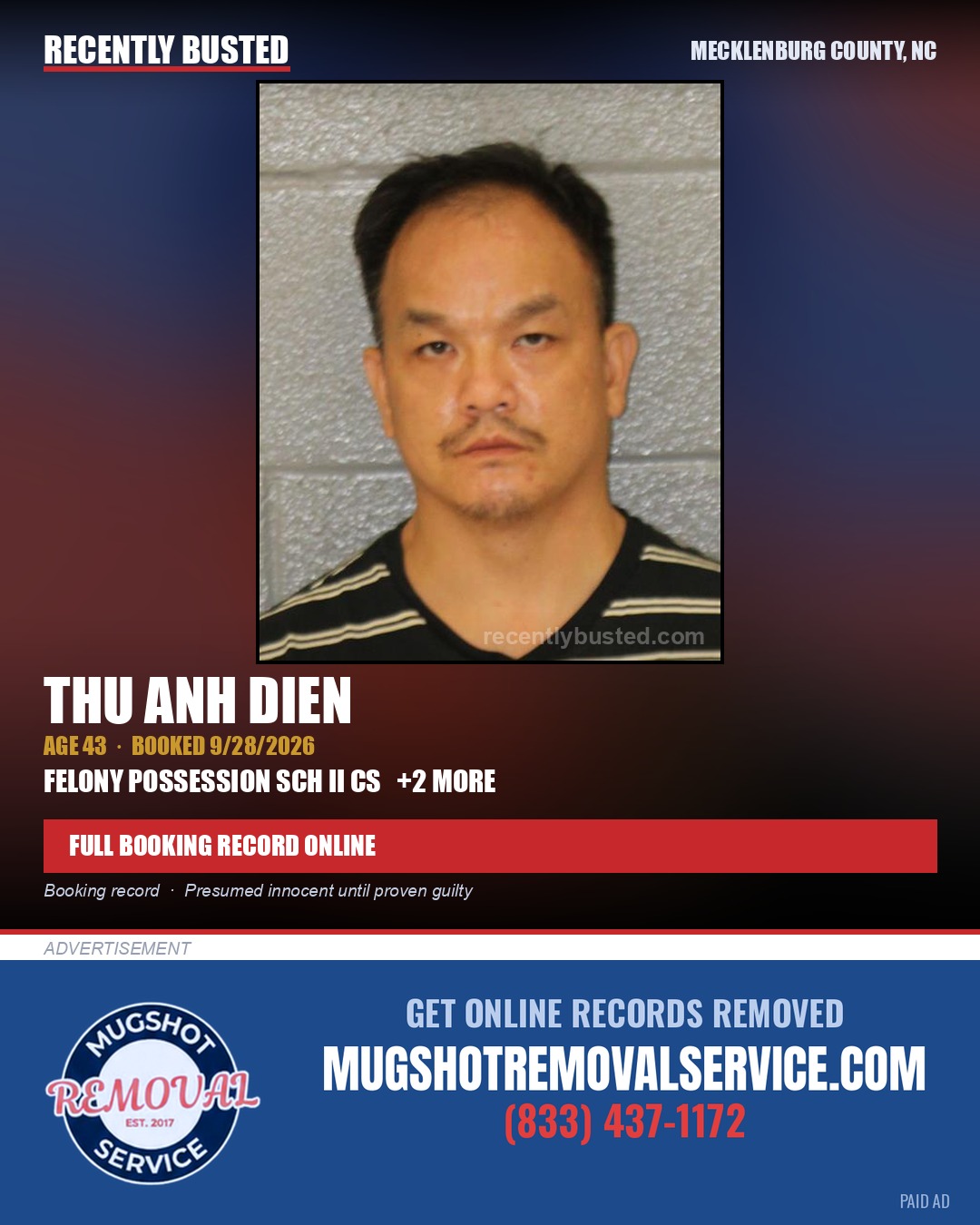 THU ANH DIEN — arrest record card, Mecklenburg County, North Carolina
