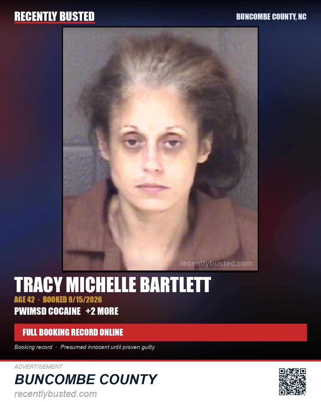 TRACY MICHELLE BARTLETT — arrest record card, Buncombe County, North Carolina