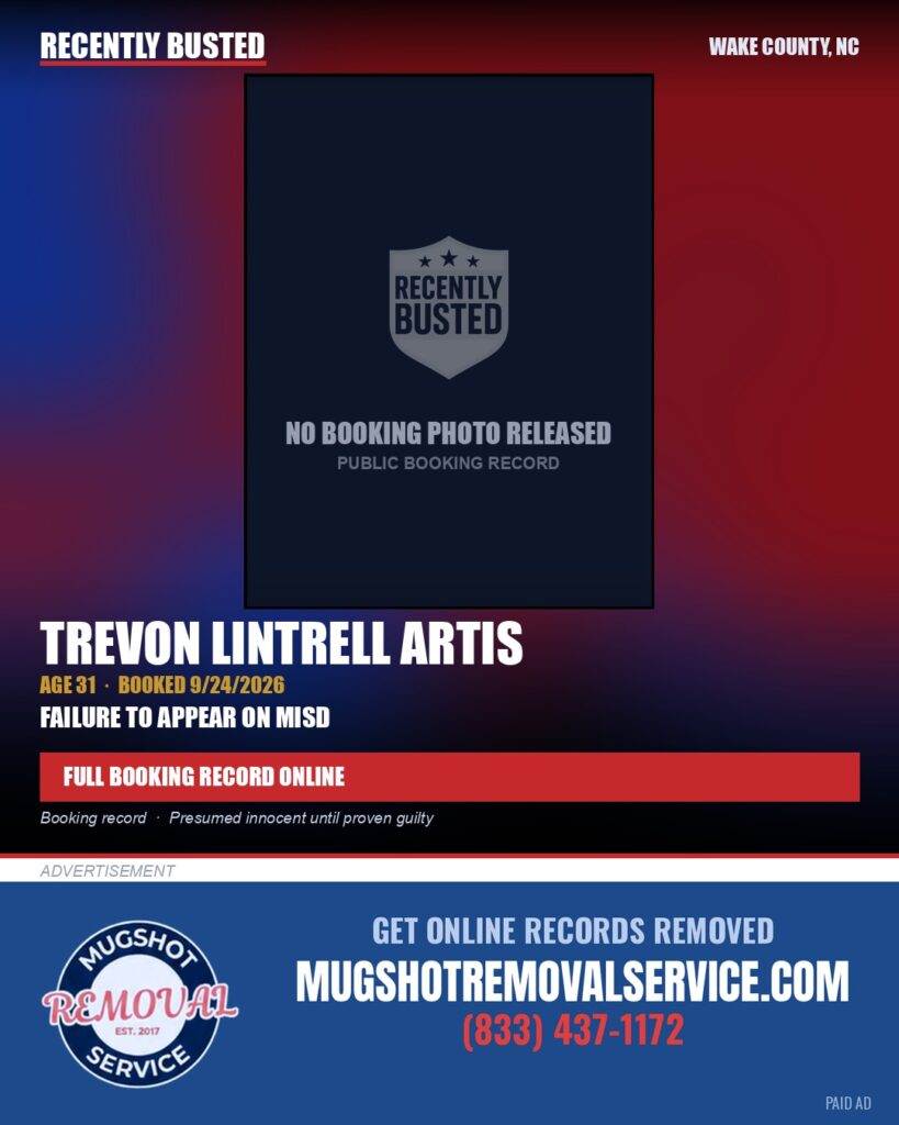 TREVON LINTRELL ARTIS — arrest record card, Wake County, North Carolina