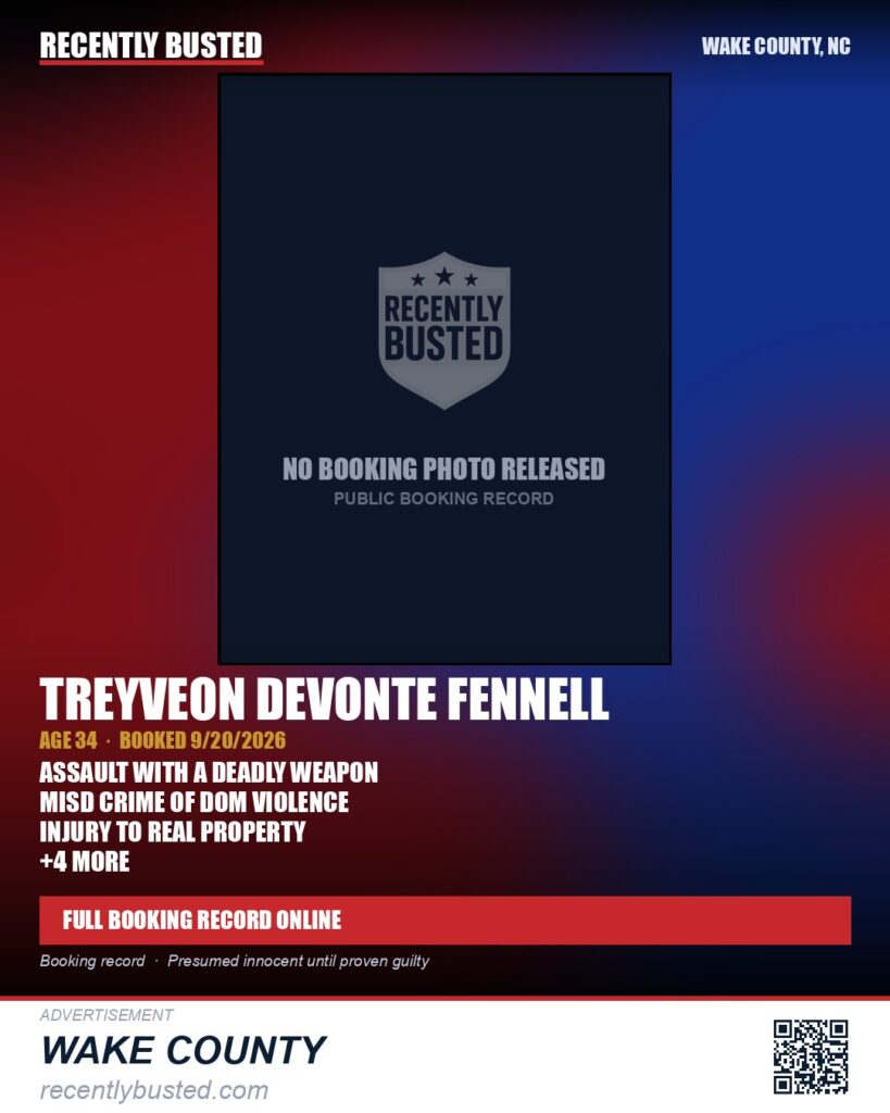 TREYVEON DEVONTE FENNELL — arrest record card, Wake County, North Carolina