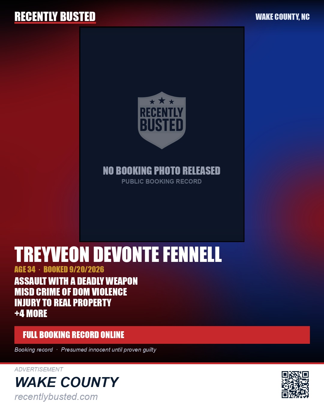 TREYVEON DEVONTE FENNELL — arrest record card, Wake County, North Carolina