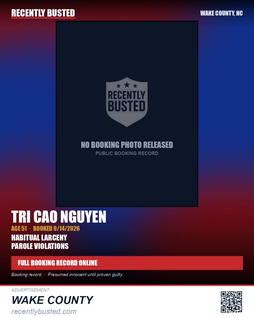 TRI CAO NGUYEN — arrest record card, Wake County, North Carolina