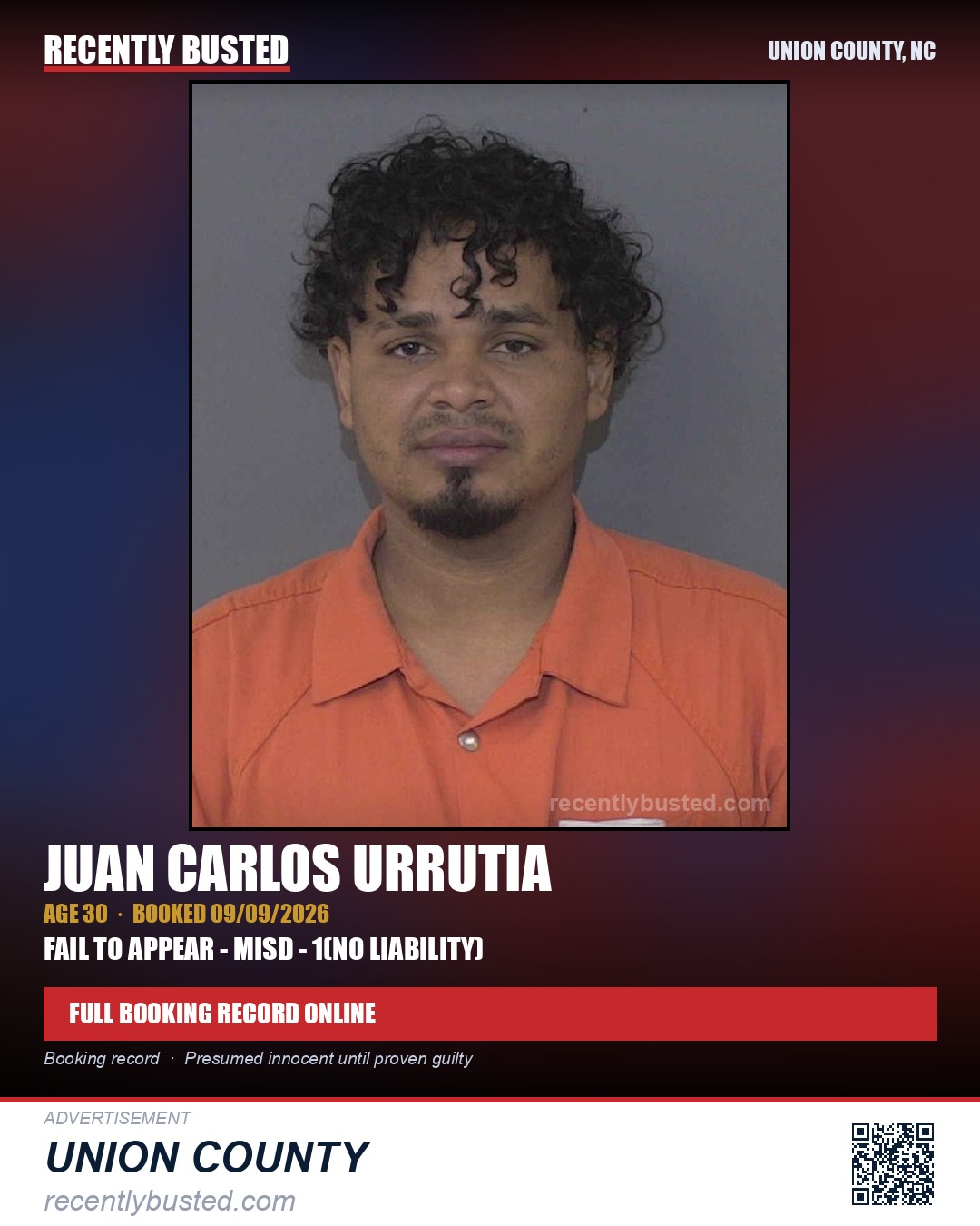 URRUTIA, JUAN CARLOS — arrest record card, Union County, North Carolina