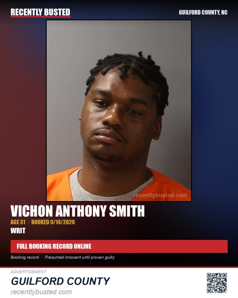 VICHON ANTHONY SMITH — arrest record card, Guilford County, North Carolina