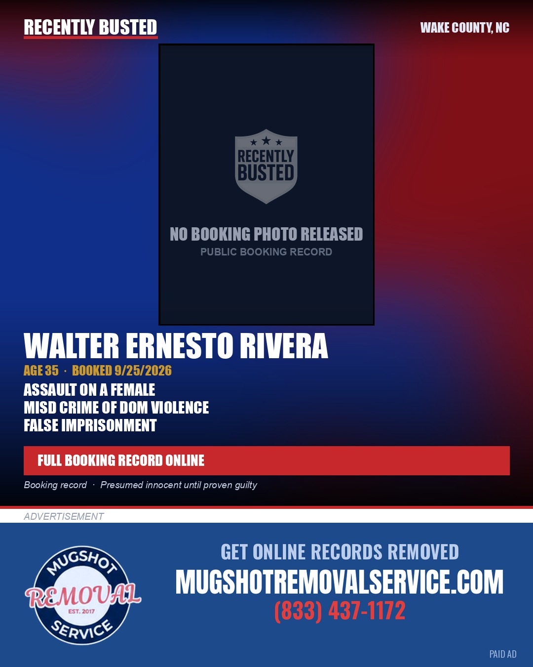 WALTER ERNESTO RIVERA — arrest record card, Wake County, North Carolina
