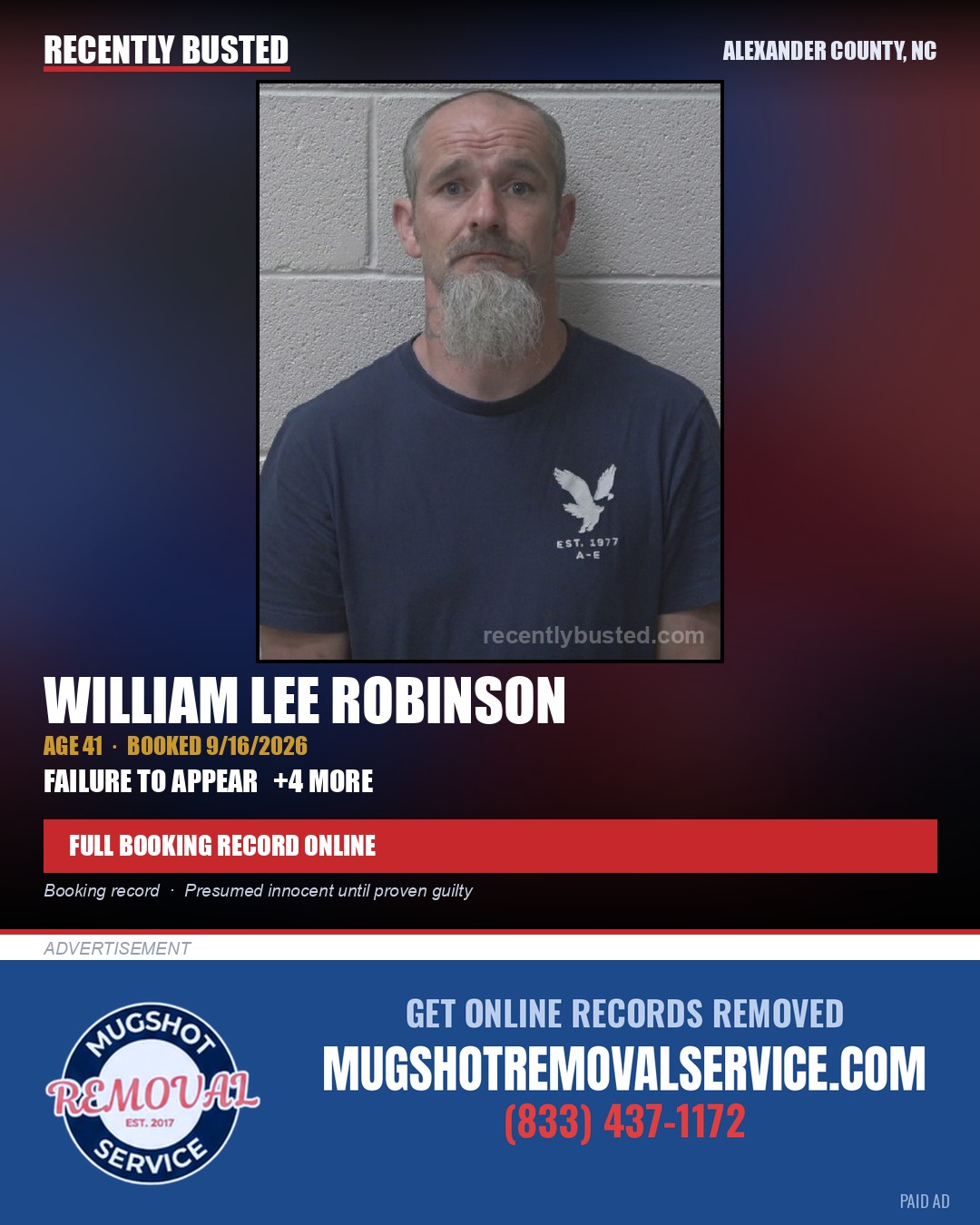 WILLIAM LEE ROBINSON — arrest record card, Alexander County, North Carolina