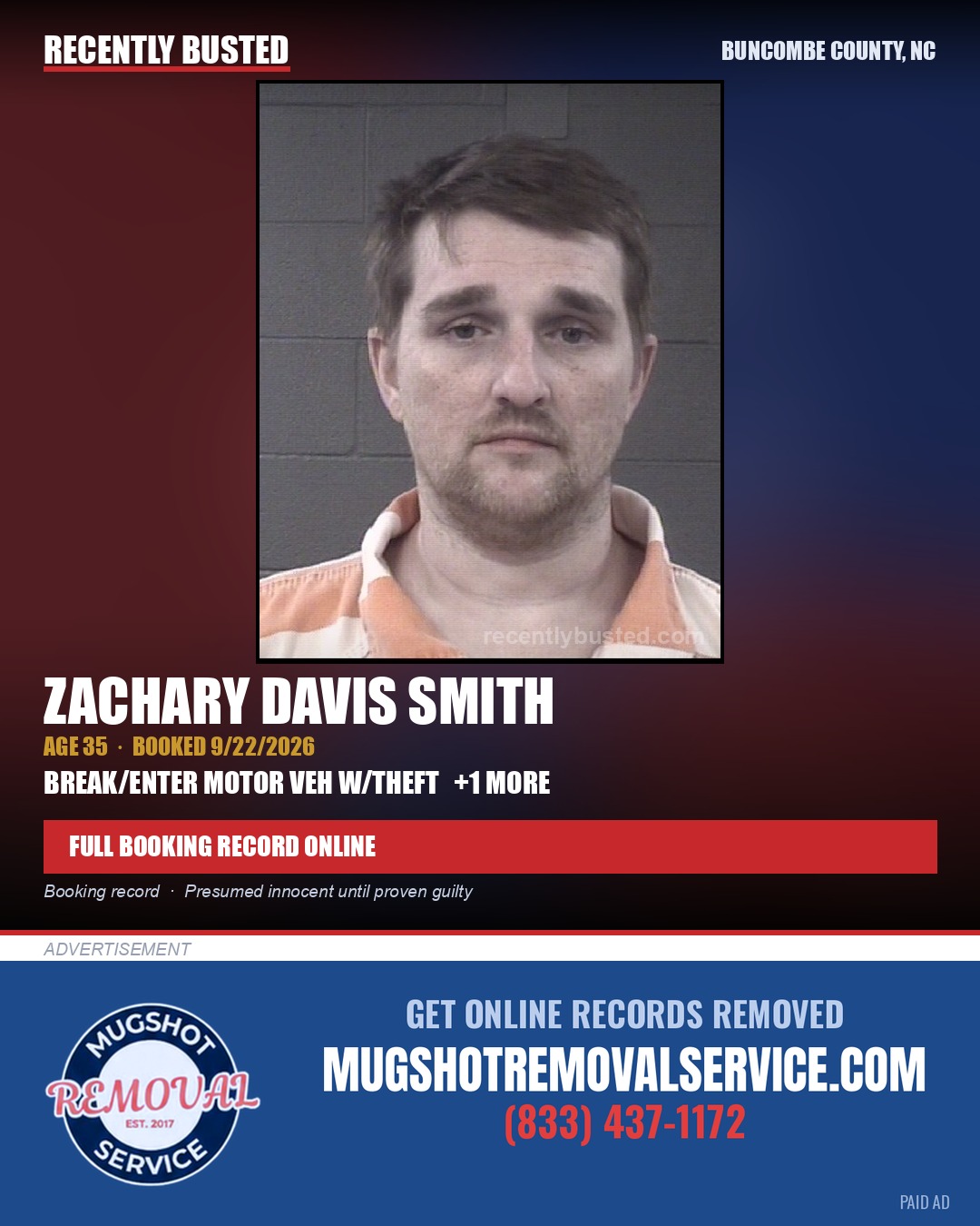 ZACHARY DAVIS SMITH — arrest record card, Buncombe County, North Carolina