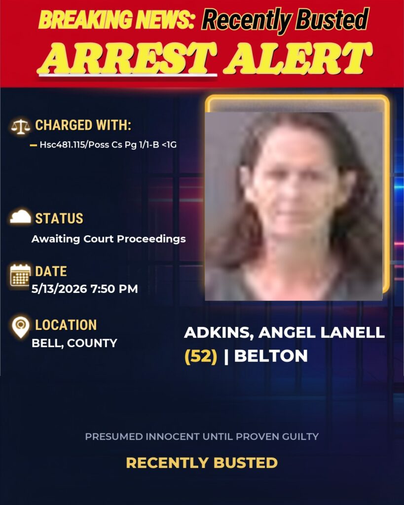 ADKINS, ANGEL LANELL — arrest record card, Bell County