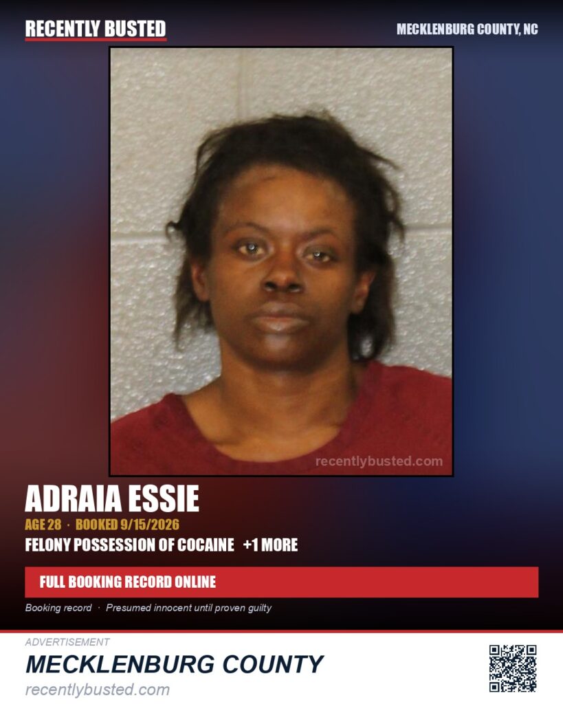 ADRAIA ESSIE — arrest record card, Mecklenburg County, North Carolina