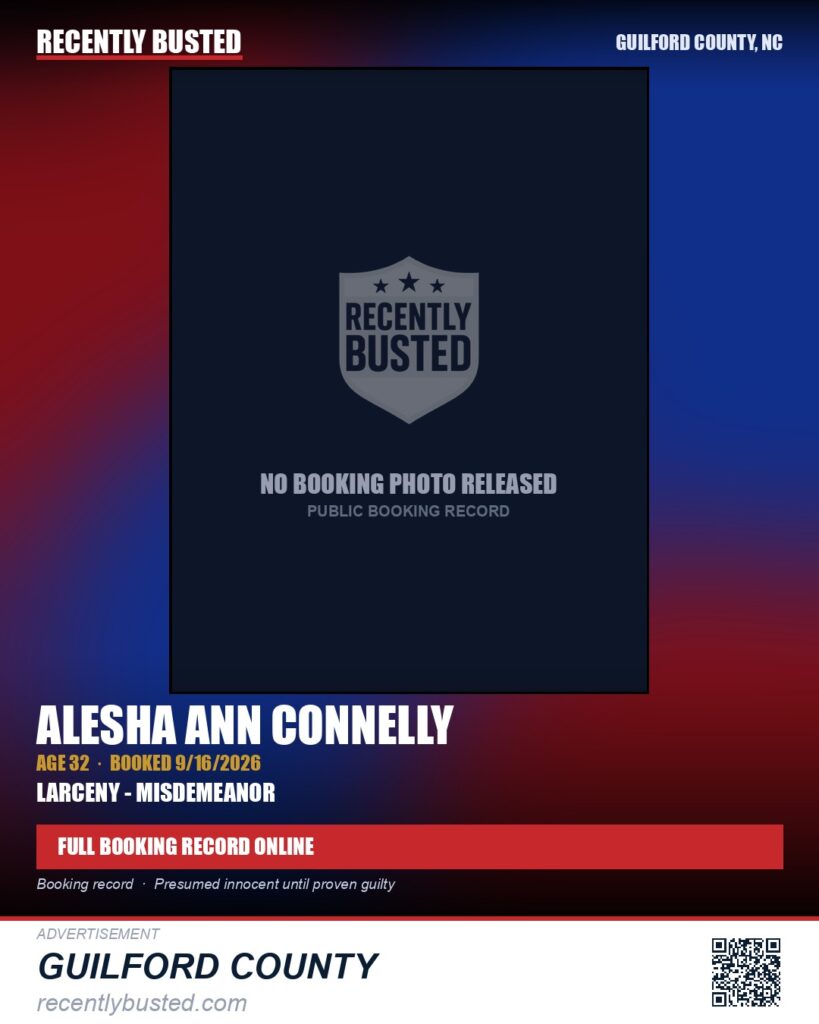 ALESHA ANN CONNELLY — arrest record card, Guilford County, North Carolina