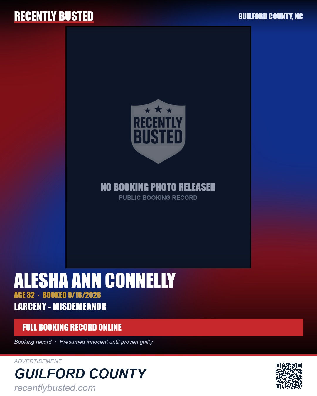 ALESHA ANN CONNELLY — arrest record card, Guilford County, North Carolina