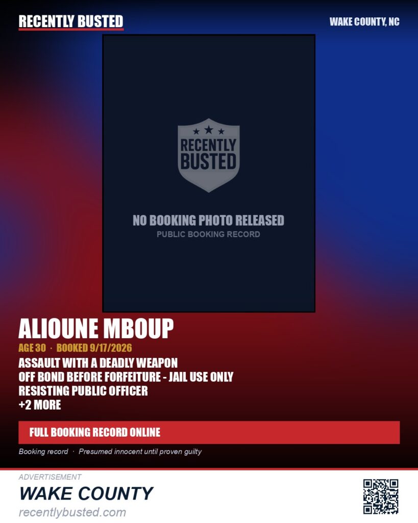 ALIOUNE MBOUP — arrest record card, Wake County, North Carolina