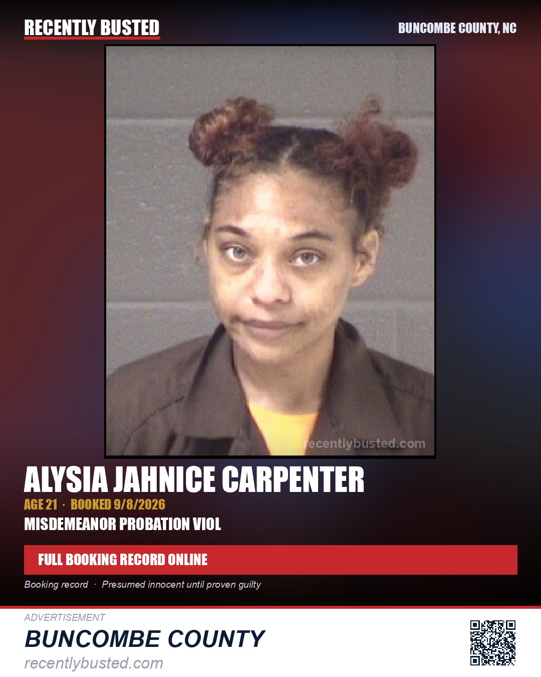 ALYSIA JAHNICE CARPENTER — arrest record card, Buncombe County, North Carolina