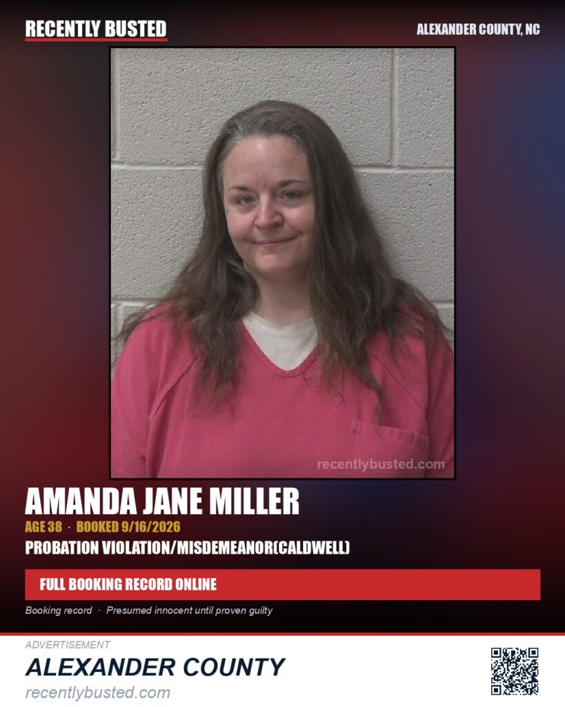 AMANDA JANE MILLER — arrest record card, Alexander County, North Carolina