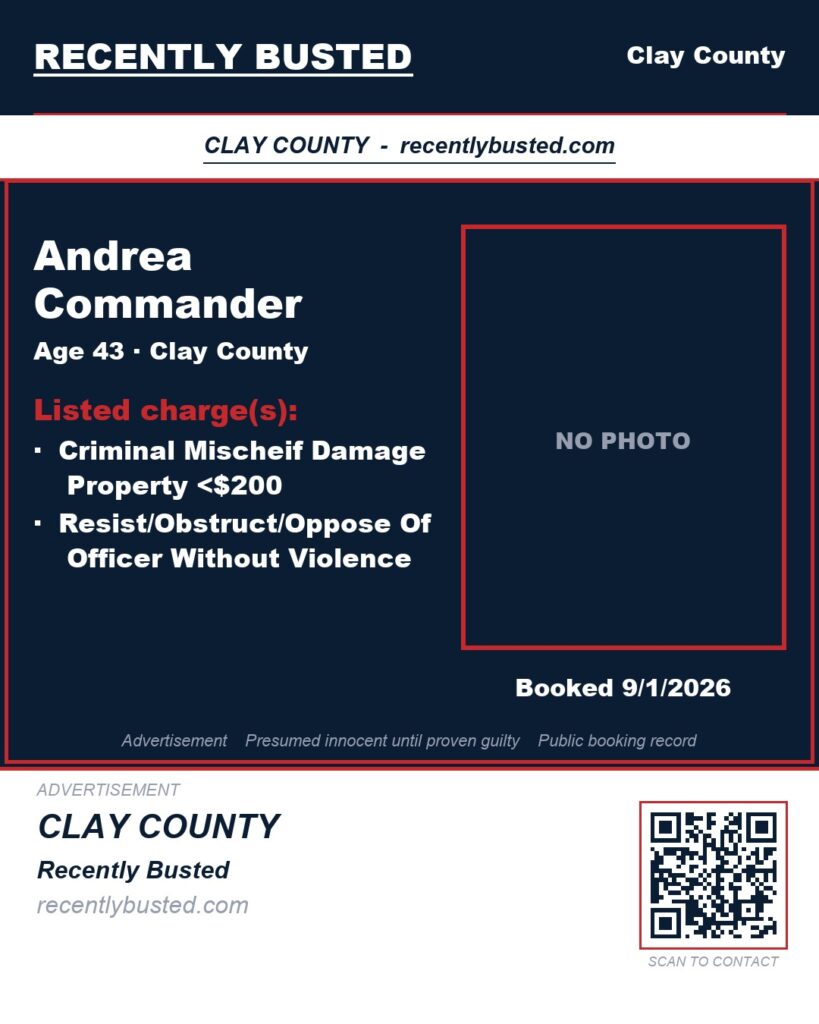 ANDREA COMMANDER — arrest record card, Clay County, Florida