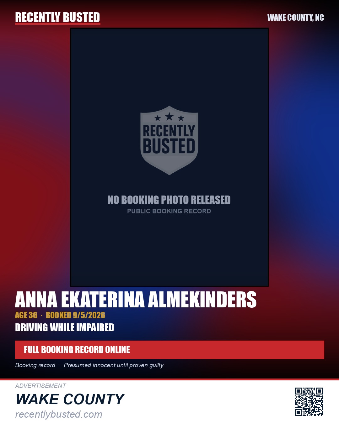 ANNA EKATERINA ALMEKINDERS — arrest record card, Wake County, North Carolina