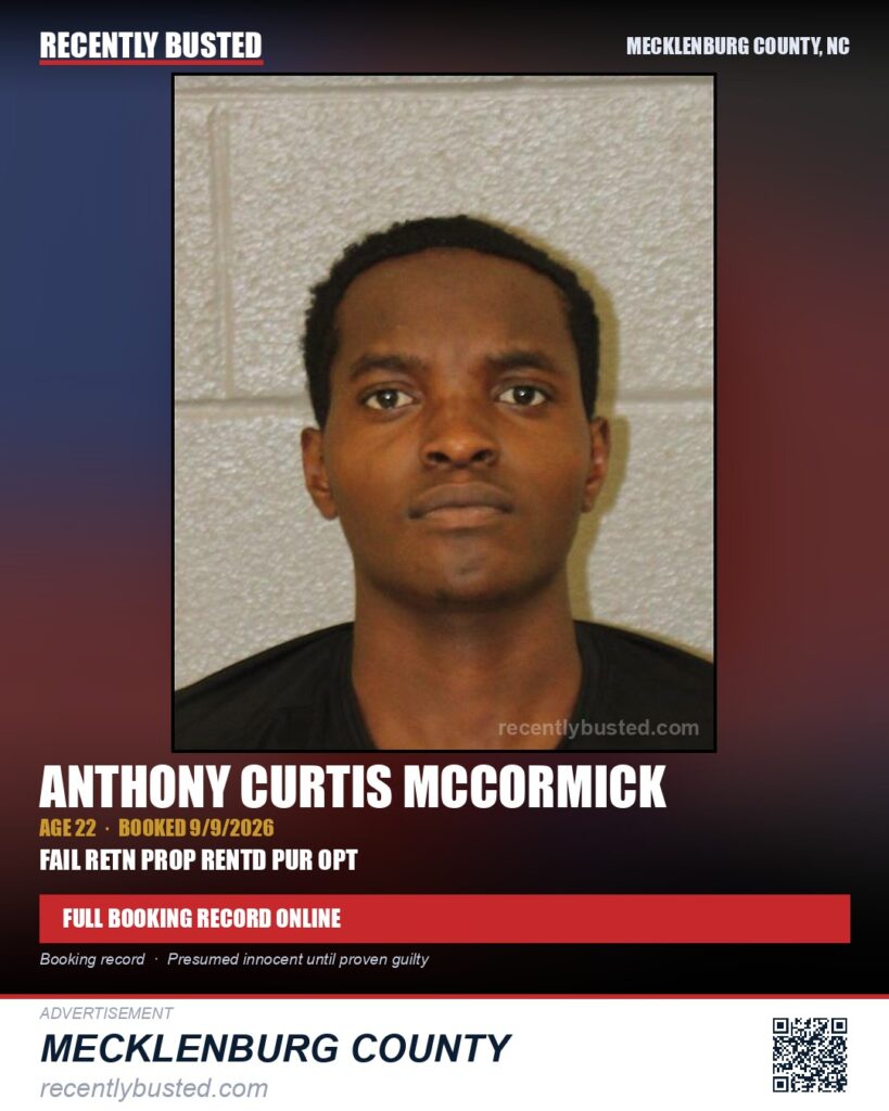 ANTHONY CURTIS MCCORMICK — arrest record card, Mecklenburg County, North Carolina