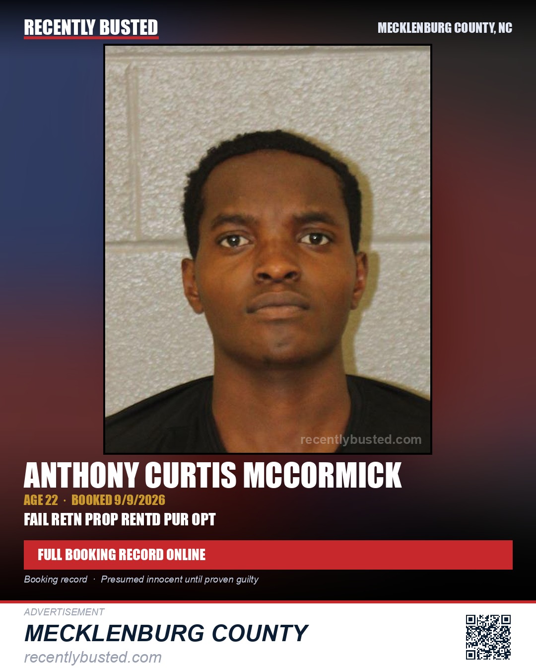 ANTHONY CURTIS MCCORMICK — arrest record card, Mecklenburg County, North Carolina