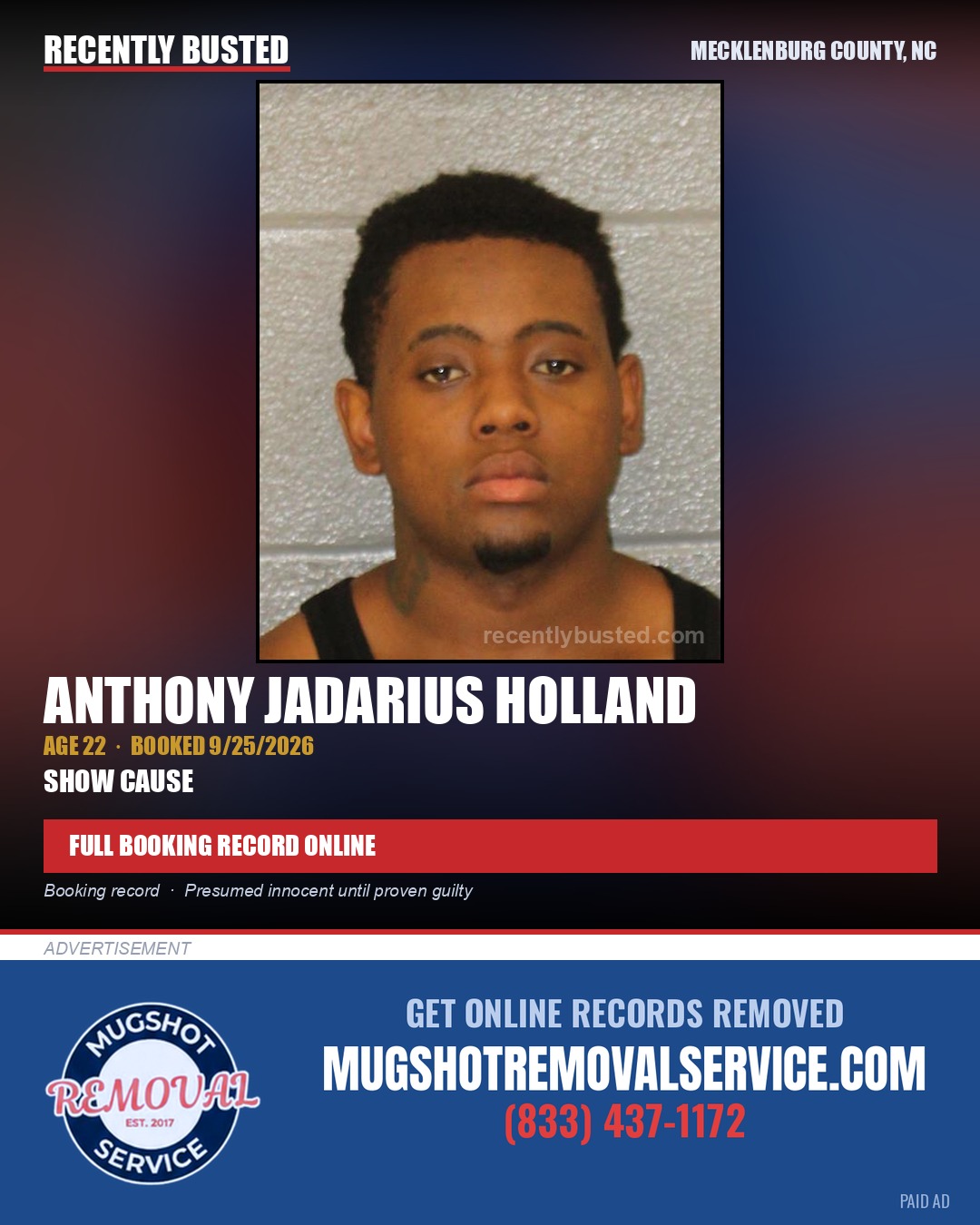 ANTHONY JADARIUS HOLLAND — arrest record card, Mecklenburg County, North Carolina